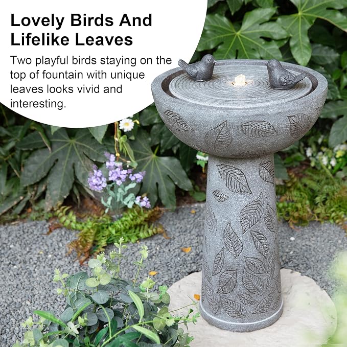 Glitzhome Outdoor Water Fountain with Lights & Pump, Bird Bath Fountain with Birds, 27.5" H Polyresin Floor Waterfall Fountains Water Feature for Garden, Yard, Patio, Home Decor