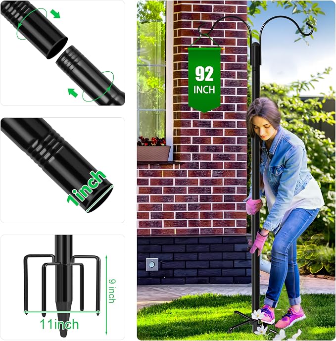 XDW-GIFTS Double Shepherds Hooks for Outdoor, 2-Pack Heavy Duty Garden Pole for Hanging Bird Feeder, Plant Baskets, Solar Light Lanterns, Garden Plant Hanger Stands with 5 Base Prongs