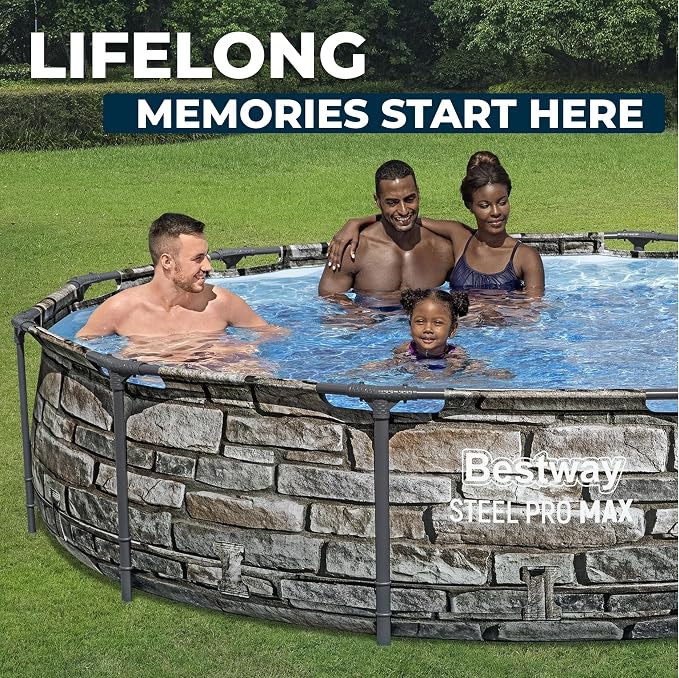 Bestway Steel Pro MAX 12' x 30" Above Ground Swimming Pool Set with Pump | Durable Round Metal Frame Outdoor Backyard Pool, Puncture-Resistant Liner - Type I Filter Cartridge Included, Stone Print