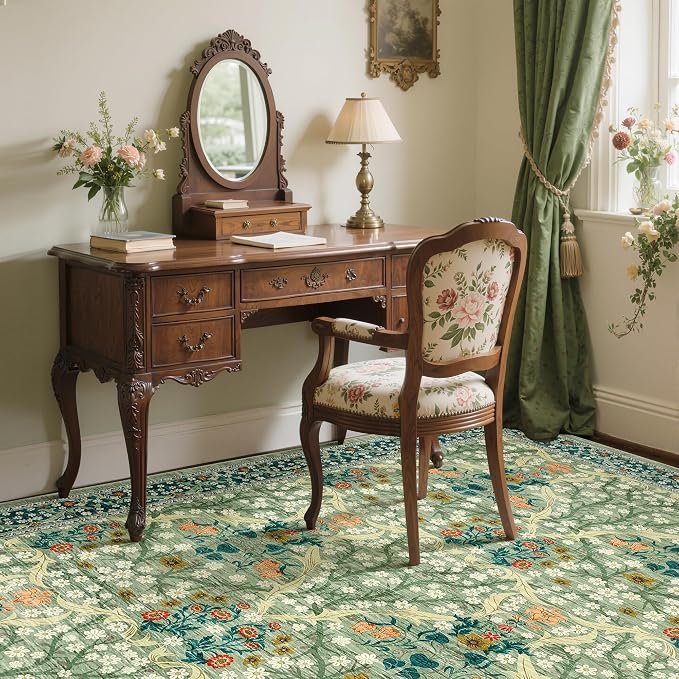 GarveeHome 6x9 Washable Area Rug for Living Room, Floral Dining Room Rugs for Under Table, Low Pile Non-Slip Stain Resistance Floor Carpet for Bedroom, Sage Green