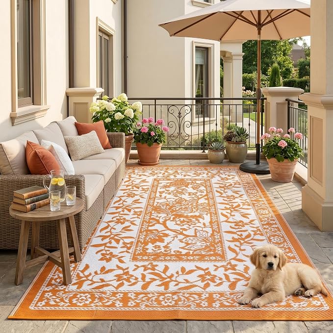 Garvee Outdoor Rug 5x8, Waterproof Reversible Foldable Plastic Straw Rug, Botanical cottagecore Outdoor Rugs Patio Camping RV Carpet for Deck Camper Porch Balcony Backyard Picnic Beach Orange