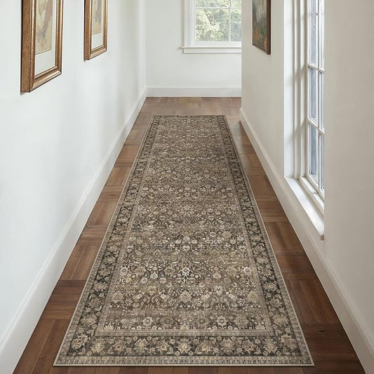 HUGEAR 3x10 Runner Rug Machine Washable Brown Hallway Area Rug Indoor Accent Rug Floral Low Pile Carpet Soft Throw Rug Bedroom Living Room Office Dining Room Kitchen Laundry Room Non Slip