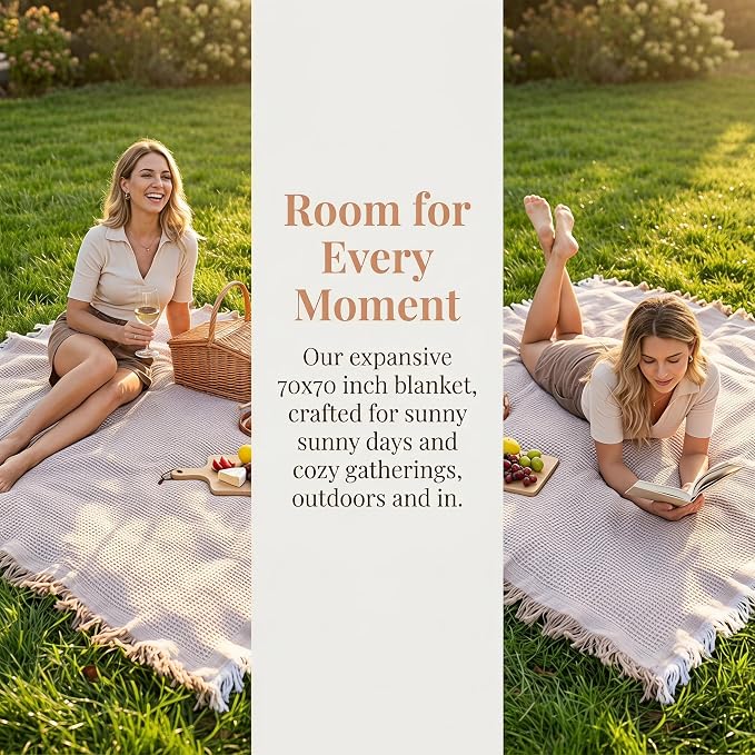 70"x 70" Picnic Blanket Extra Large,Layer Outdoor Blanket for 5 to 7 Adults,Camping Grass Lawn Park Accessories Cute Couple Gifts Ideas Wedding Registry for Park, Beach (Khaki)