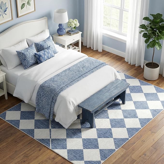 GarveeHome 5x7 Checkered Area Rug Navy Blue Washable Living Room Rug | Modern Geometric Farmhouse Carpet Soft Low Pile Non Slip Diamond Floor Mat Plaid Print Throw Rug for Dining Room Playroom