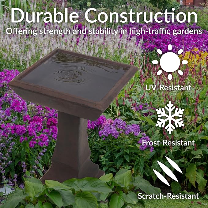 Sunnydaze 23” H Concrete Bird Bath for Outdoors - Simply Square Garden Bird Bath with Glass Fiber Reinforced Concrete Construction - Brown