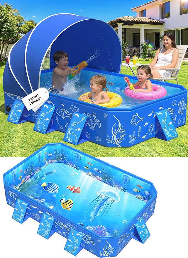 2026 Kiddie Pool with Canopy,Baby Beach Pool for Toddler53×40×33IN | Non-Inflatable Portable Pool for Kids,Foldable Toddler Pool with Shade,Kiddie Pool for Backyard,Pop Up Baby Swimming Pool