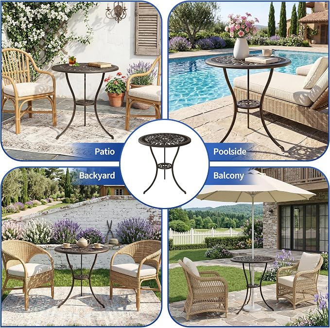 IDEALHOUSE Patio 23''Cast Aluminum Side Table with Umbrella Hole,Outdoor Small Coffee Tables,Anti-Rust Bistro Table,Round End Table,Outdoor Furniture for Indoor,Patio,Garden,Porch,Balcony(Bronze)