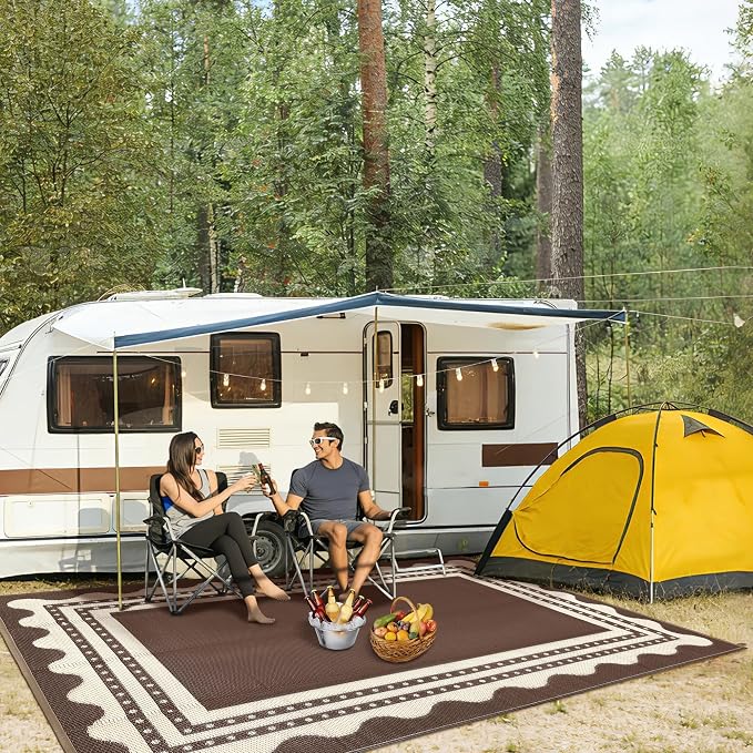 IDEALHOUSE Waterproof Outdoor Rug 8x10 for Patio, Reversible Modern Area Rug, Large Plastic Straw Mat for Camping, RV, Porch, Backyard, Deck, Picnic, Beach, Brown & Beige