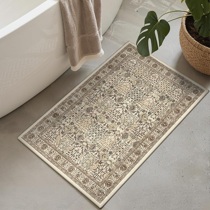 2x3 Washable Rug, Non Slip Entryway Mat, Dark Espresso | Vintage Floral Design, Spill Resistant Lightweight Low Pile Carpet for Kitchen, Hallway, Front Door, Bathroom