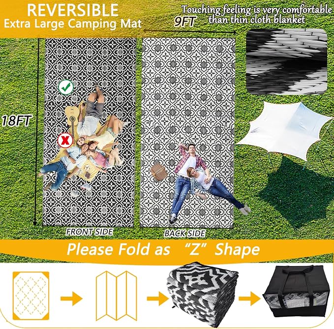 Alfolo Outdoor Rugs for Patio Rv Mats Waterproof Outdoor Rug 9x18 Large Camping Rug Reversible Tightly Woven Plastic Straw Rug Rugs, Clean Easily Mat for RV, Deck, Camping,Pool, Rv Essentials