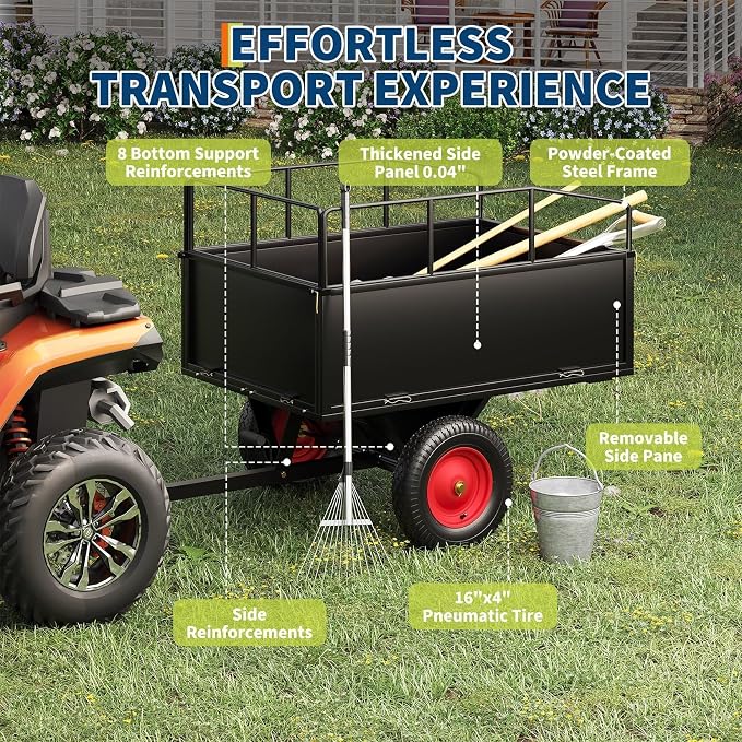 17 Cu.Ft 750Lbs Steel ATV UTV Trailer, Tow Behind Dump Cart, Heavy Duty Pull Behind Removable Sides, Pull Behind Utility Dump Trailer for, Garden, Lawn Mower Tractor