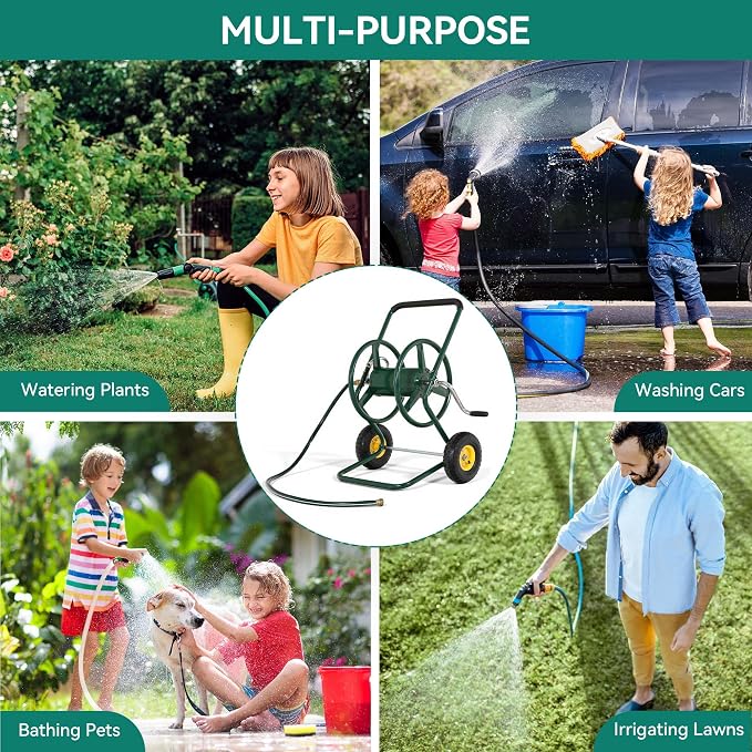 Hose Reel Cart, 250FT 5/8" All-Terrain Mobile Water Hose Truck, Heavy-Duty Rust-Proof Iron Frame Industrial Garden Cart for Outdoor Lawn Yard & Car Washing