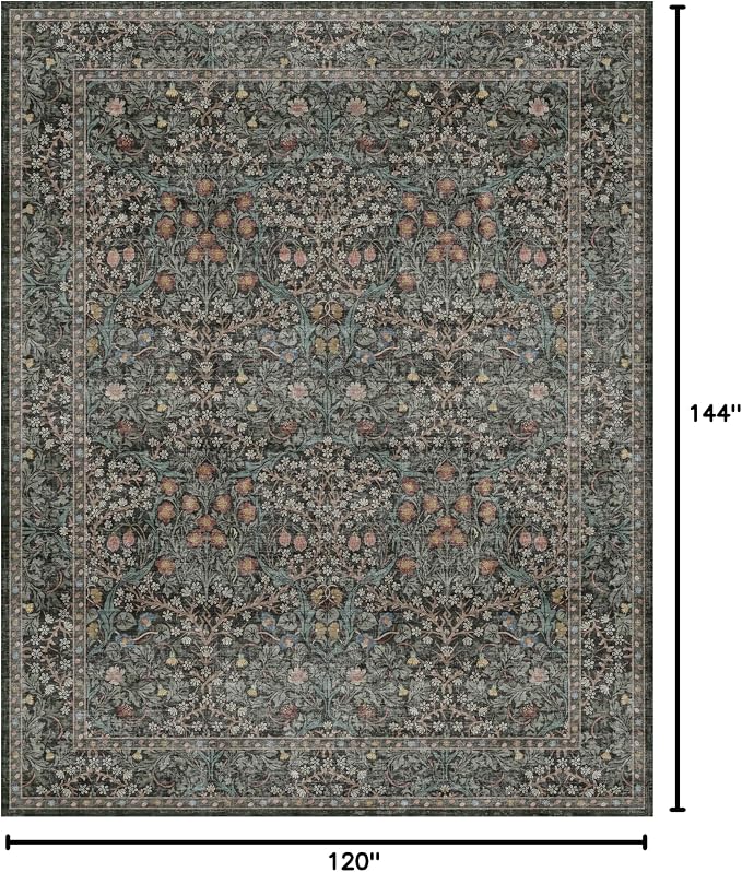 Washable Dark Green 10x12 Rug for Living Room - Extra Large Area Rugs for Dining Room Under Table, Bedroom, Soft Low Pile Non Slip Stain Resistant Carpet - Vintage Floral Design Non-Slip