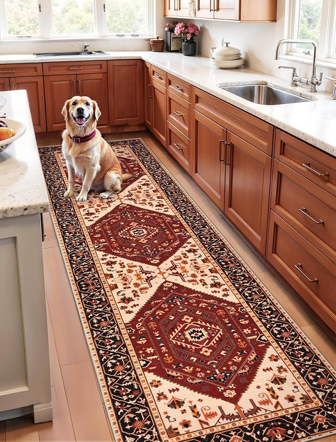 SERISSA 2'6"x10' Washable Non Slip Boho Runner Rug for Hallway，Red Black | Ultra Soft Vintage Oriental Carpet Low-Pile Tribal Floor Carpet for Kitchen Bedroom Bathroom Laundry Room