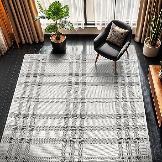 CAMILSON Easy Jute Rug 4x6, Indoor Outdoor Off-White Color Fiber Area Rugs for Living Room Patio and Dining Room Rug, Checkred Boho Woven Design, Easy-Cleaning, Washable Outside Carpet (4 x 6)