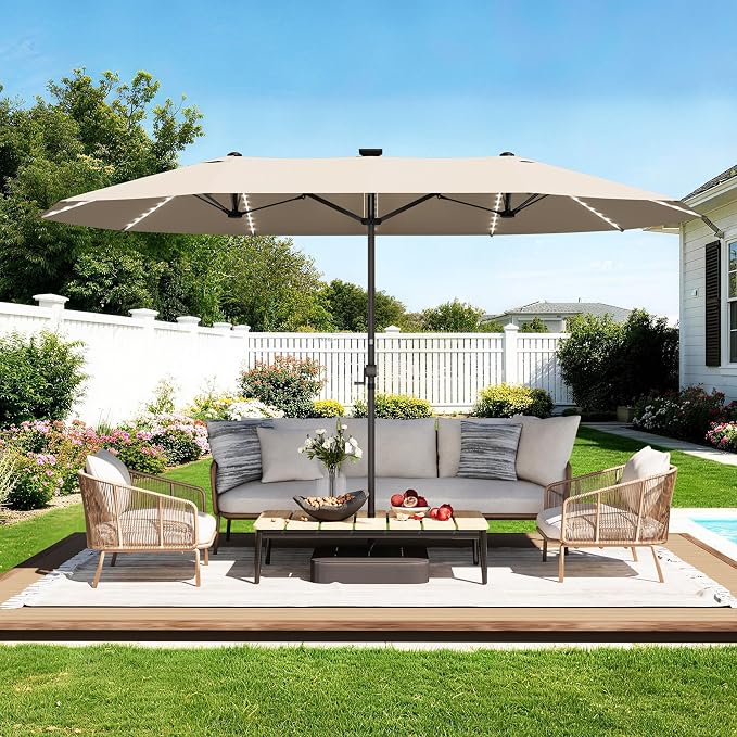 GDPFN 15ft Rectangular Patio Umbrella with Solar LED Lights, Double-Sided Outdoor Market Umbrella with Base Included, Extra Large Shade for Pool, Deck, Backyard, Garden, Beige