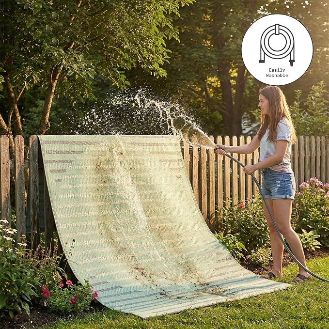 Fab Habitat Striped Outdoor Rug - Waterproof, Fade Resistant, Crease-Free, Reversible - Premium Recycled Plastic - Patio Porch Balcony Deck - Kyoto - Green - 8 x 10 ft