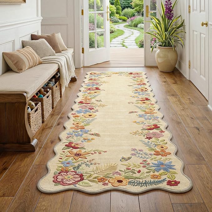 FMFUNCTEX 2x8 Hallway Runner Rug Washable Beige Floral Vintage Scalloped | Flower Colorful Traditional Boho Non Slip Low Pile Pattern Indoor Carpet Entryway Rugs Kitchen Bedroom Laundry Entry Bedside