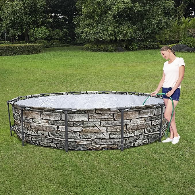 Bestway Steel Pro MAX 12' x 30" Above Ground Swimming Pool Set with Pump | Durable Round Metal Frame Outdoor Backyard Pool, Puncture-Resistant Liner - Type I Filter Cartridge Included, Stone Print