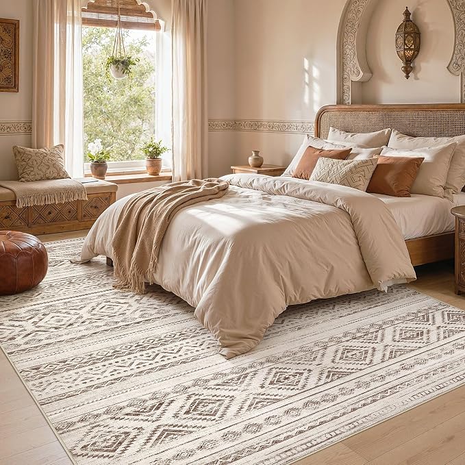 cotiled Boho 5x8 Area Rugs for Living Room: Soft Moroccan Washable Rug | Solve Modern Neutral Trendy Home Decor - Stain Resistan Indoor Carpet for Bedroom Dining Room Dark Brown
