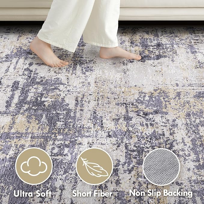 Tortania Area Rug Living Room Rugs - 8x10 Modern Abstract Neutral Large Soft Thin Rugs - Non Slip Indoor Carpet for Bedroom Dining Room Office Nursery Home Floor Decoration - Purple