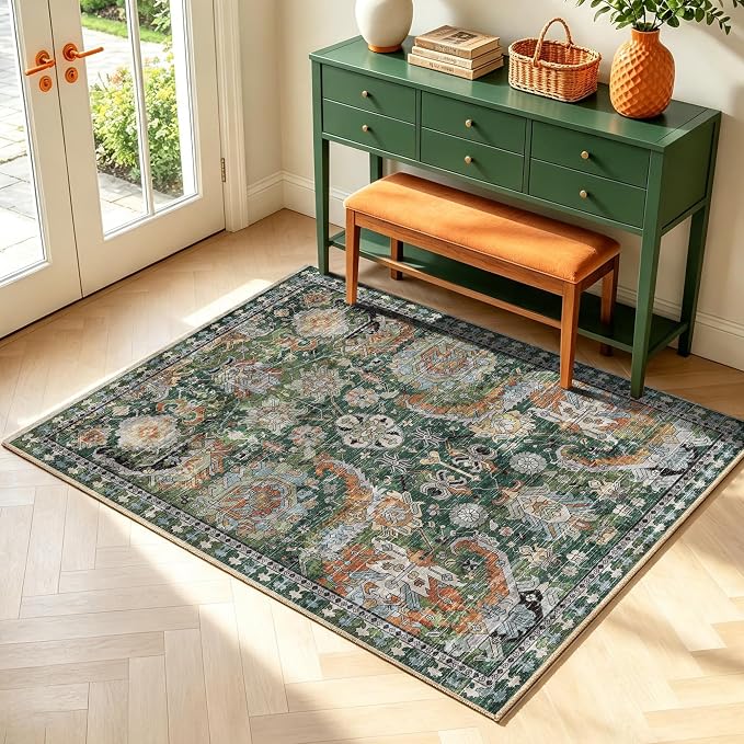Washable Area Rugs - Perfect for Living Room, Bedroom, Kids Room, Nursery - Stain & Water Resistant Non-Slip, Pet & Child Friendly, Vintage Tribal Area Rugs (Green, 3' x 5 ')