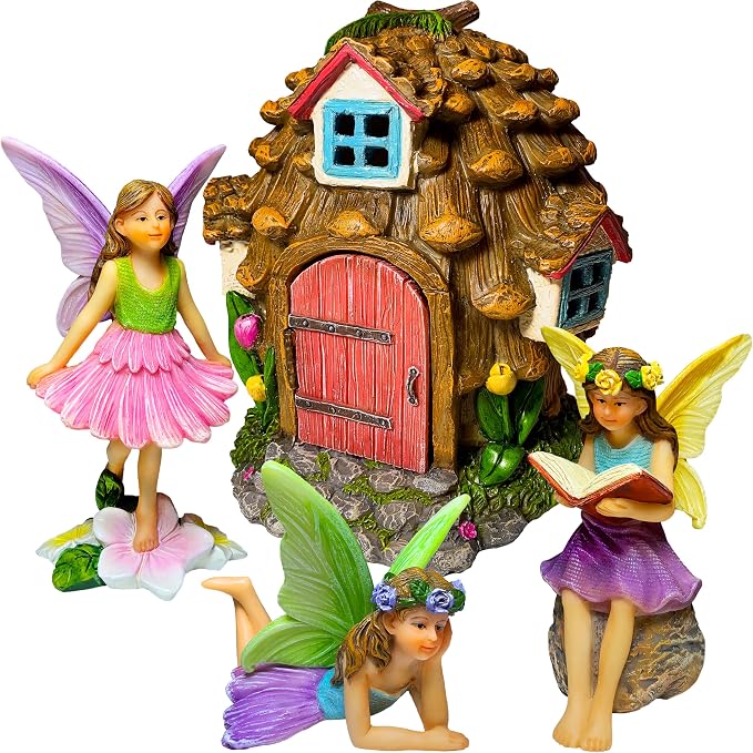Mood Lab Fairy Garden Figurines - Pinecone Fairy House Set (4 pcs) - Miniature Decorative Statues & Accessories - Outdoor & Indoor Garden Decor