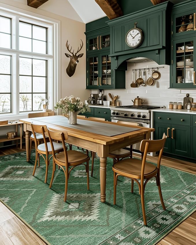 8'x10' Washable Area Rug for Living Room Bedroom Sage Green | Soft Western No Slip Low Pile Print Foldable Indoor for Kitchen Dining Room