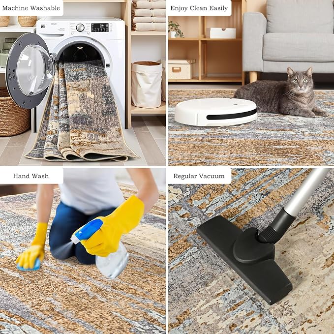 Toneed Washable 2x6 Non-Slip Abstract Runner Rug for Hallway Kitchen | Soft Modern Low Pile Area Rugs for Bedroom Laundry Living room,Indoor Carpet for Bedside Home Decor, Camel