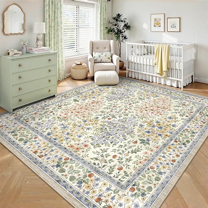 6x6 Square Area Rugs, Machine Washable Low Pile Floral Rugs for Living Room, Bedroom, Large Boho Area Rug with Non-Slip Backing for Dining Room(Beige Floral)