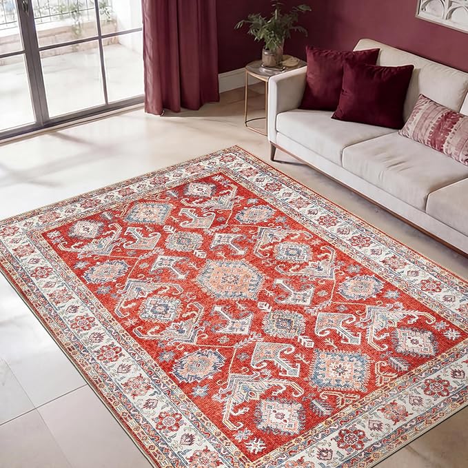 Keen Home Design Vintage Washable Area Rug, Non-Slip Low Pile, 6x9 | Machine Washable Cotton Chenille, 0.25In Low Pile, Rubber Non-Slip Back; Living Room, Dining Room, Bedroom, Office