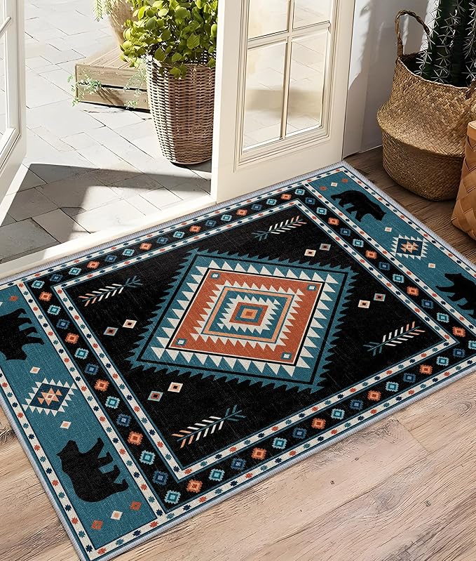 Native Amrican Rug 3x4 - Southwestern Bear Cabin Area Rugs for Bedroom Living Room, Rustic Navajo Machine Washable | Non-Slip | Soft Small Carpets, Southwest Room Decor (Teal Orange Black)