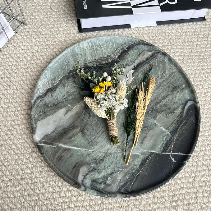 Real Natural Marble Round Tray 10.2in Solid Stone Decorative Plate | 26cm Luxury Green Marble Decor Tray for Candle, Jewelry, Plant. Food-Safe Solid Stone Serving Dish with Unique Veining
