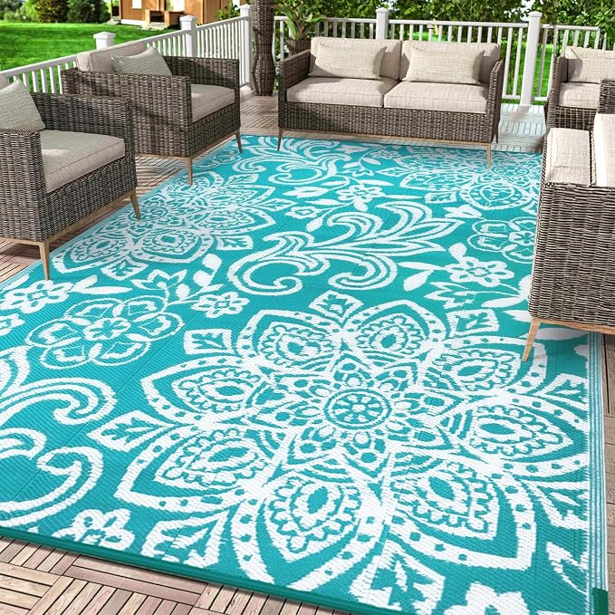 Findosom Waterproof Outdoor Rug 8' x 10' - Reversible Mandala Outdoor Plastic Straw Rug, Durable Foldable Patio Rug for RV, Deck, Balcony, Backyard, Picnic, Porch, Camping, Beach, Blue