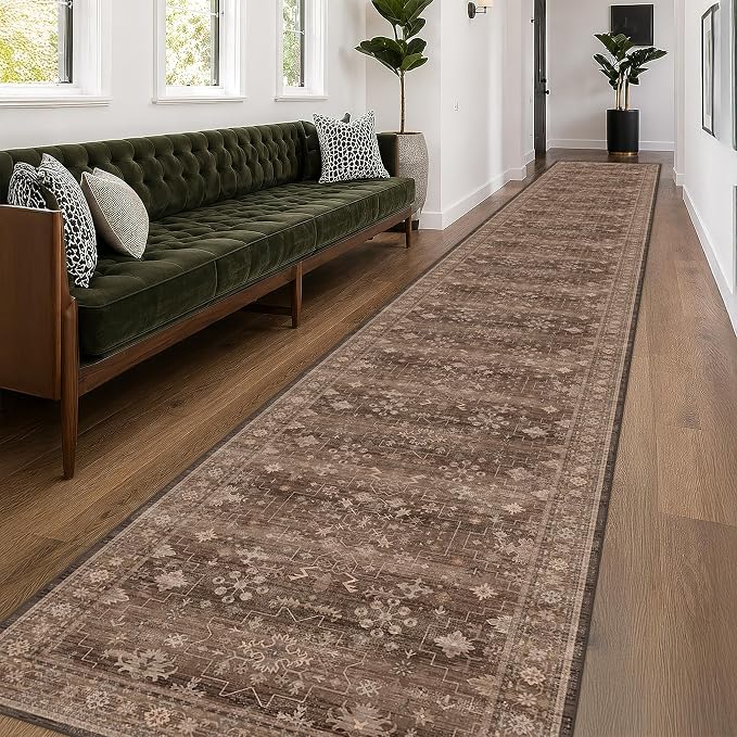 Brown Washable 3x20 Extra Long Hallway Runner Rug, Neutral Boho Large Kitchen Floor Rug Indoor, Non-Slip Stain & Fade Resistant, Vintage Dark Earthy Taupe Floral Décor (3x20 Brown)
