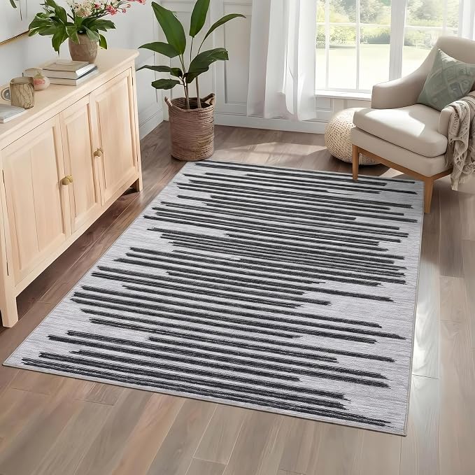 GarveeHome Washable Area Rug 4x6 Modern Non Slip Rug for Living Room Dorm | Stain Resistant Low Pile Carpet Perfect for Bedroom Kitchen Hallway Home Office, Black Grey