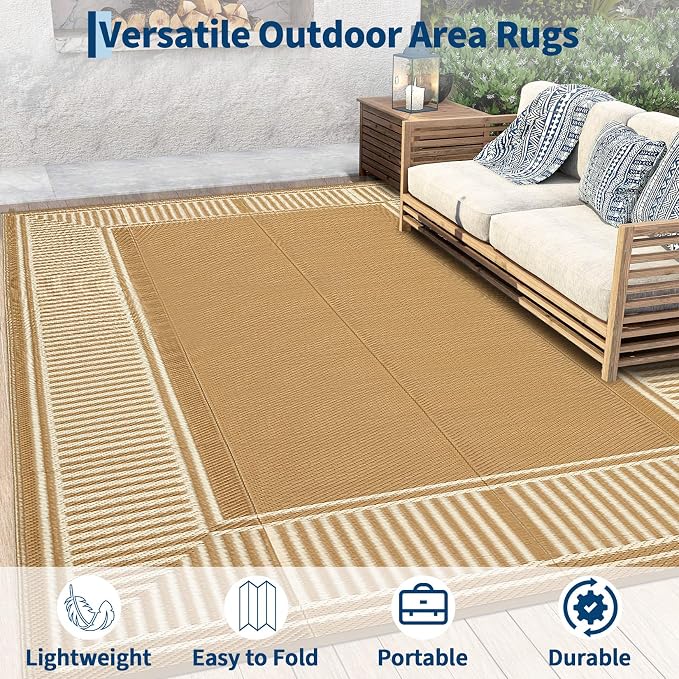 Waterproof Plastic Straw Outdoor Rug 9x18 Patio Reversible UV Resistant Foldable Camping Carpet Modern Striped Large Outdoor Rugs for Deck, Camper, Balcony, Beach，Light Brown/Coffee