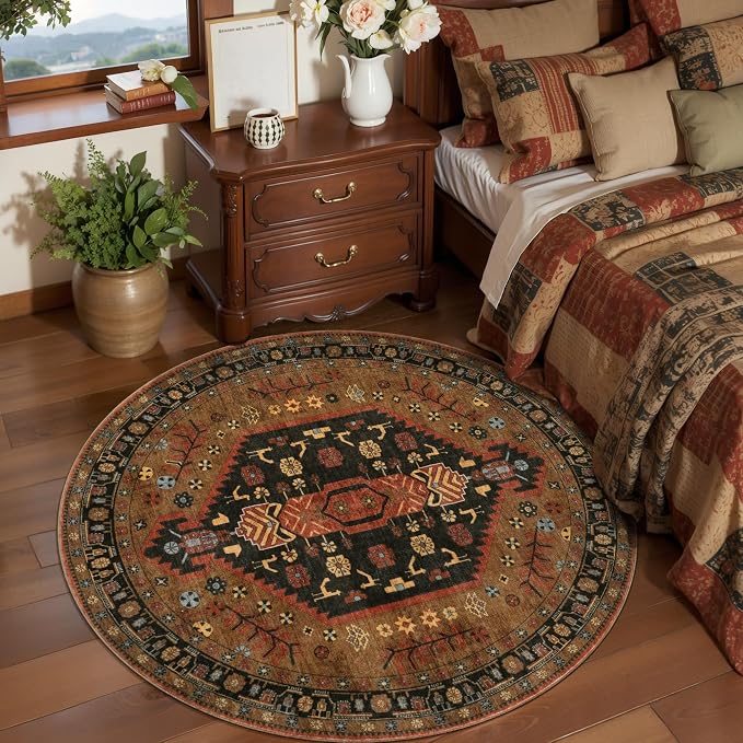 Ciicool 3ft Round Small Area Rug for Entryway,Circle Mat for Dining Room | Washable Soft Non-Slip Low-Pile Oriental Indoor Mat Boho Entry Carpet for Entryway Bedside Living Room Laundry Bathroom
