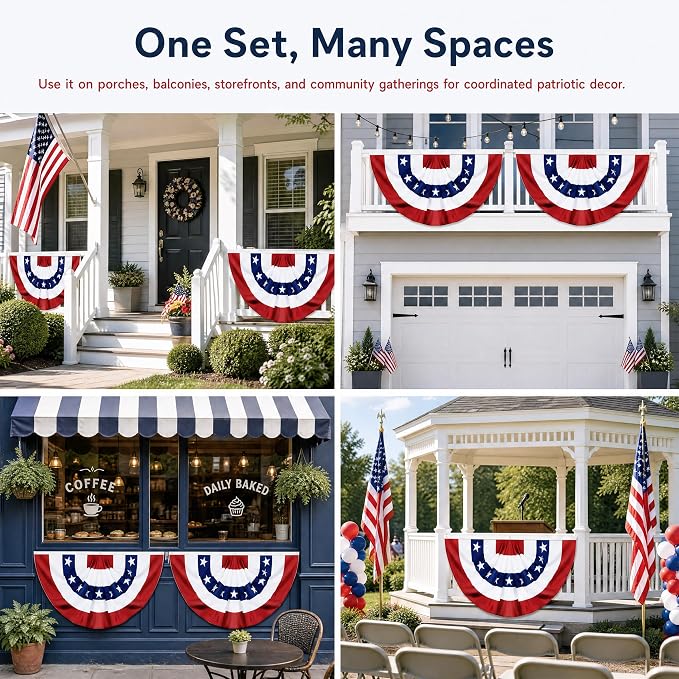 4 Pack USA Pleated Fan Flags - 1.5x3FT American Flag Bunting for Outside, Red White Blue Bunting Banner with Brass Grommets, Patriotic Porch Decor for Independence Day, July 4th, Memorial Day