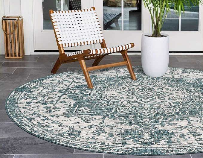 Unique Loom Outdoor Collection Area Rug - Dubai (4' 1' Round, Teal/ Ivory)