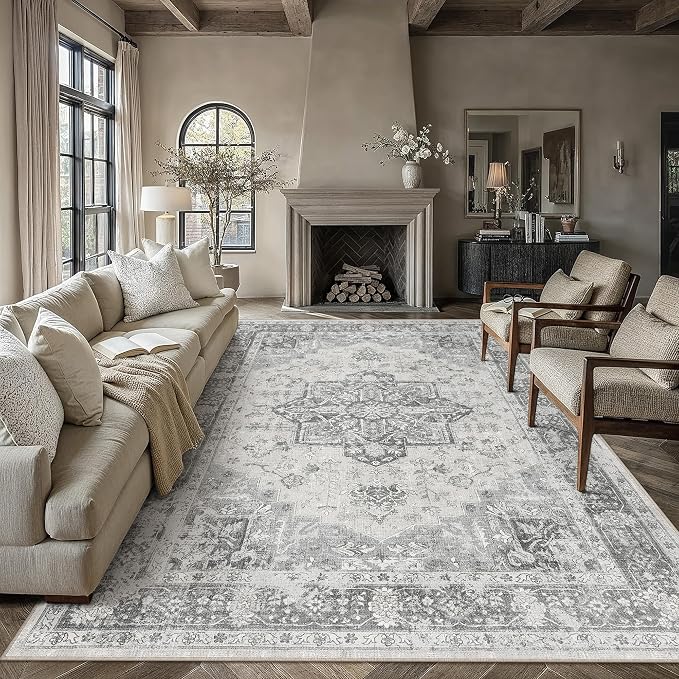 Gray 6x9 Washable Area Rug Living Room Vintage Oriental Carpet | Soft Low Pile, Non Slip, Stain Resistant, Floral Medallion, Retro Indoor Decor for Bedroom, Dining Room, Kids Room, Office