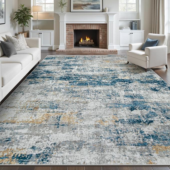 pmtsns Area Rugs 8x10 for Living Room: Washable Rug Modern Abstract Neutral Soft Non-Slip Low-Pile Indoor Large Carpet for Bedroom Dining Room Home Office Children's Room(BlueGreyGold, 8'x10')