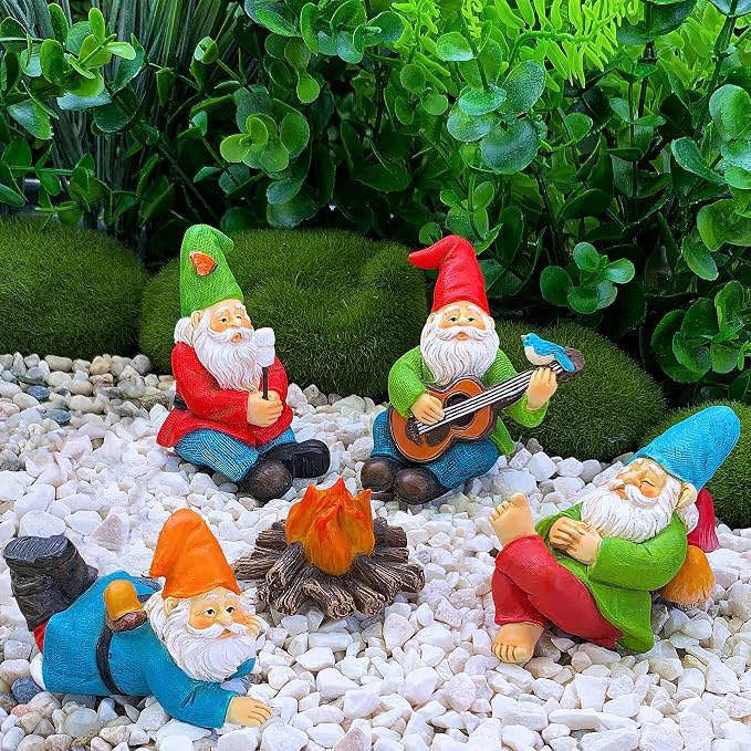Mood Lab Garden Gnome Figurines - Camping Gnomes Set (5 pcs) - 2.6" H Miniature Decorative Statues & Accessories - Outdoor & Indoor Garden Decor