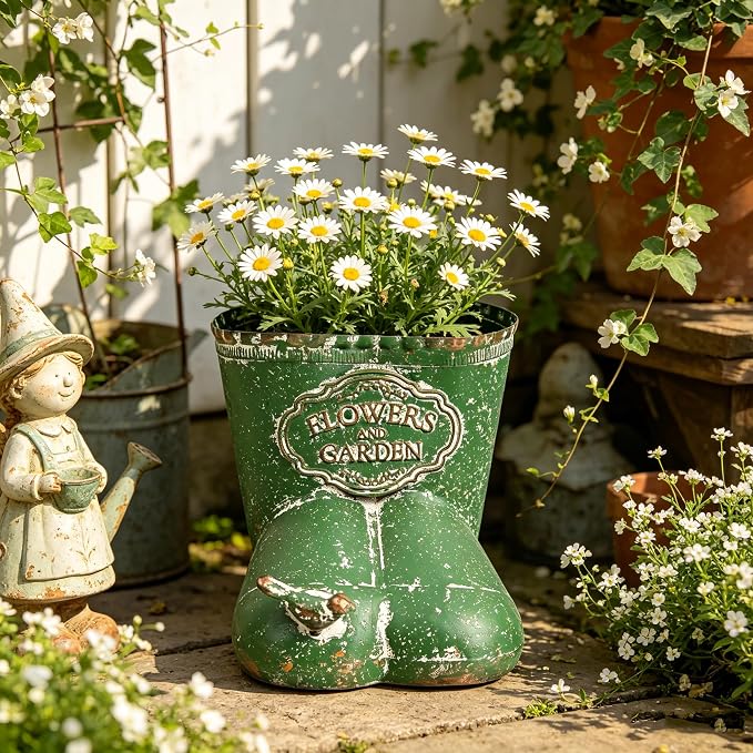 Vintage Distressed Boot Planter, Rustic Flowers & Garden Metal Rain Boot Plant Pot, Farmhouse Succulent Herb Planter for Indoor Outdoor Home Garden Patio Decor (Green - Small)