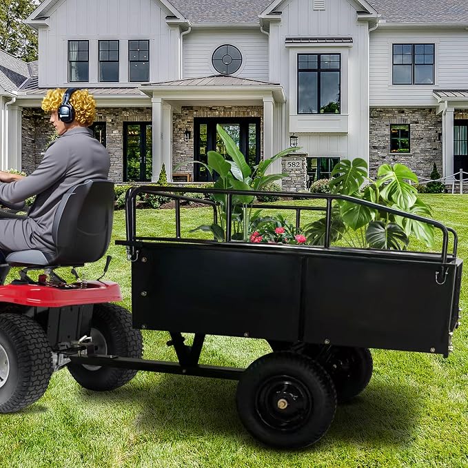 GarveeTech 750LBS Heavy Duty ATV Trailer Tow Behind Steel Dump Cart, 15 Cu. Ft Garden Utility Trailer with Removable Sides & Rear Hitch for Riding Lawn Mower Tractor, Black