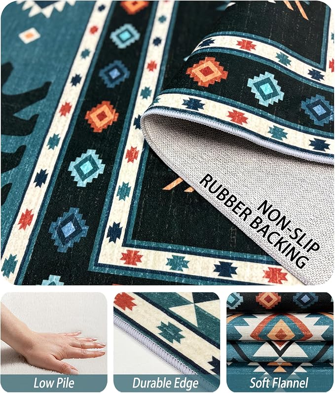 Native Amrican Rug 3x4 - Southwestern Bear Cabin Area Rugs for Bedroom Living Room, Rustic Navajo Machine Washable | Non-Slip | Soft Small Carpets, Southwest Room Decor (Teal Orange Black)
