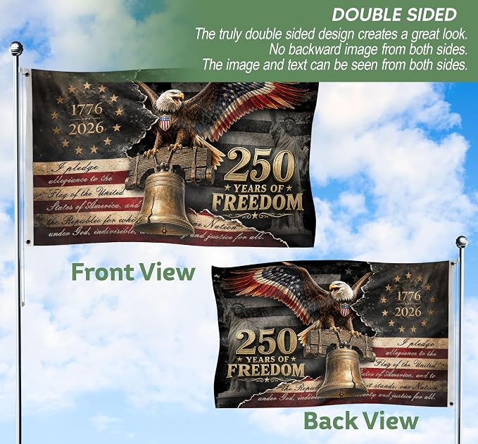 250 Anniversary Usa Flag With Brass Grommets, 250 Years Of Freedom Flag 3x5 Ft, 250th Anniversary Banner, 4th Of July Decorations Outdoor, Front & Back Printed, American Flags With Eagle 2