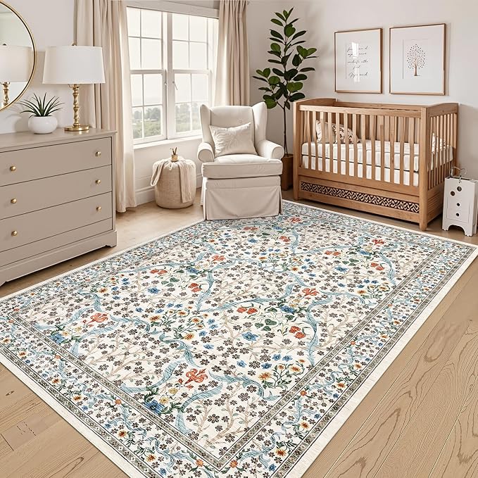 GarveeHome 6x9 Washable Area Rug for Living Room, Floral Dining Room Rugs for Under Table, Low Pile Non-Slip Stain Resistance Floor Carpet for Bedroom, Beige