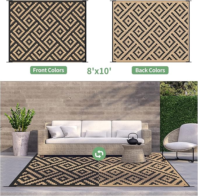 GENIMO Outdoor Rugs 8'x10' Waterproof, Reversible Mats, Area Plastic Straw Rug, Outside Carpet, Geometric Rv Mat for Patio Camping Rv Picnic Backyard Deck Balcony Porch Beach Trailer (Black & Brown)