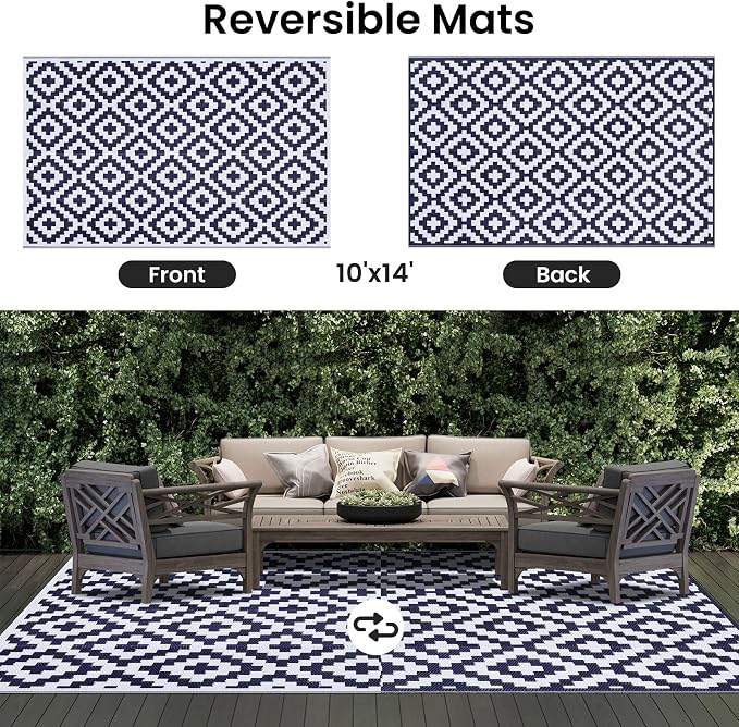 Smiry Waterproof Outdoor Rug 10X14 ft, Reversible Plastic Straw Patio Camping Rugs, Outdoor Indoor RV Mat Carpet for Patio, Outside Entry, Backyard, Deck, Bench, Picnic, Camper, White & Navy